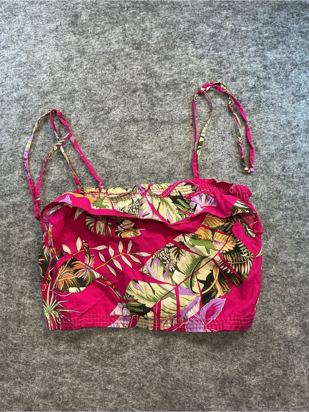 Kamehameha Vintage Pink and Green Tropical Hawaiian Floral Crop Bandou Top Size